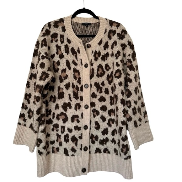 J. Crew Animal Print Oversized Cardigan Sweater Jacket Womens Medium Merino - Picture 2 of 8